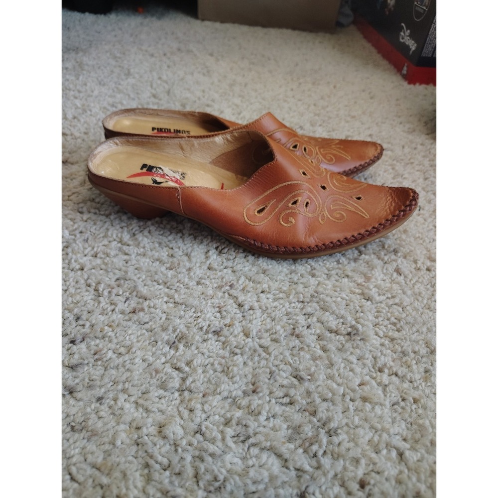 PIKOLINOS Brown Leather Floral Wedges | High Heel Mule Clogs Women's 7.5 EU 38